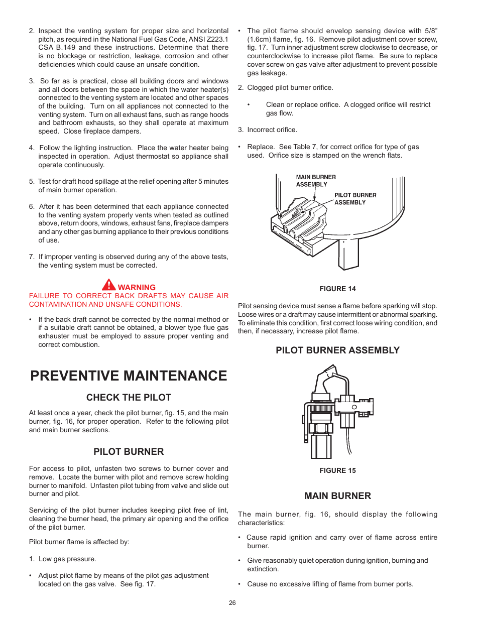 Preventive maintenance, Check the pilot, Pilot burner | Pilot burner assembly, Main burner | John Wood Commercial Atmospheric Vent - AJWSM User Manual | Page 26 / 34