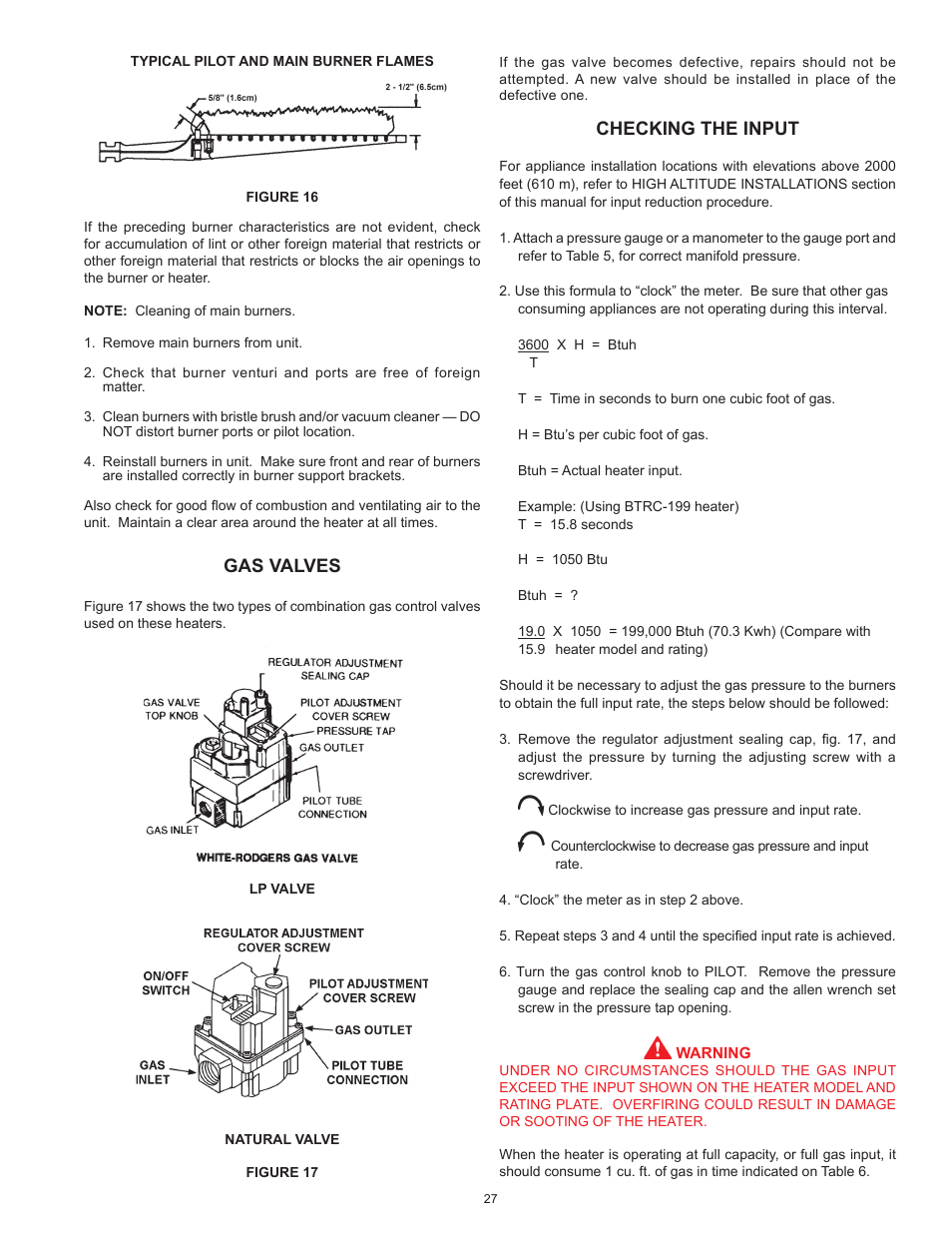 Gas valves, Checking the input | John Wood Commercial Atmospheric Vent - AJWSM User Manual | Page 27 / 34