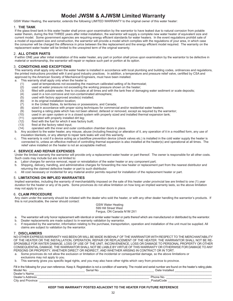 Model jwsm & ajwsm limited warranty | John Wood Commercial Atmospheric Vent - AJWSM User Manual | Page 32 / 34