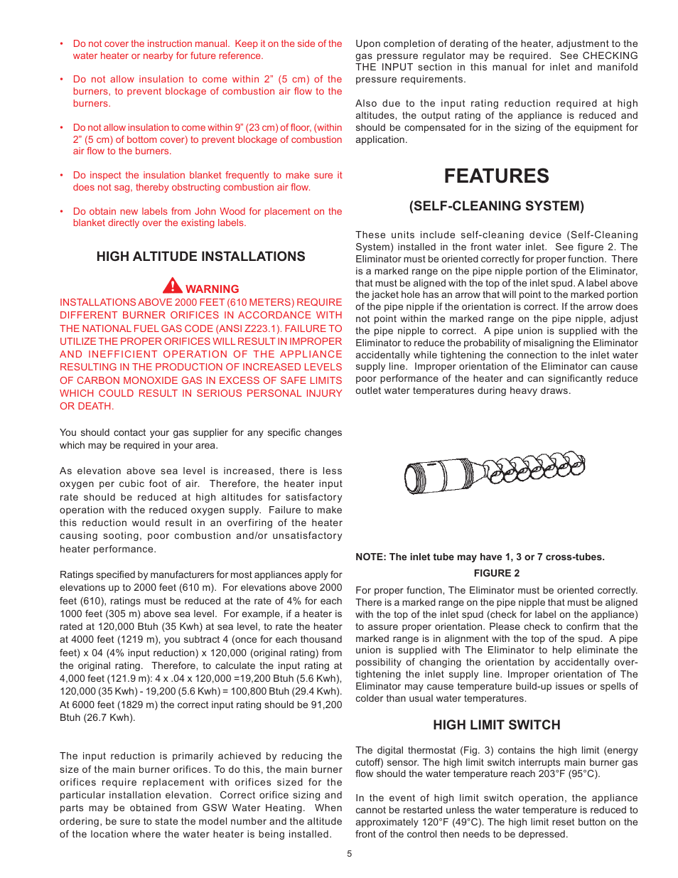 Features, High altitude installations, Self-cleaning system) | High limit switch | John Wood Commercial Atmospheric Vent - AJWSM User Manual | Page 5 / 34