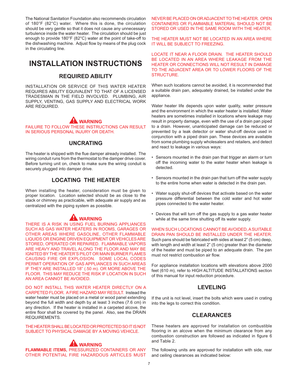 Installation instructions, Leveling, Clearances | Required ability, Uncrating, Locating the heater | John Wood Commercial Atmospheric Vent - AJWSM User Manual | Page 7 / 34