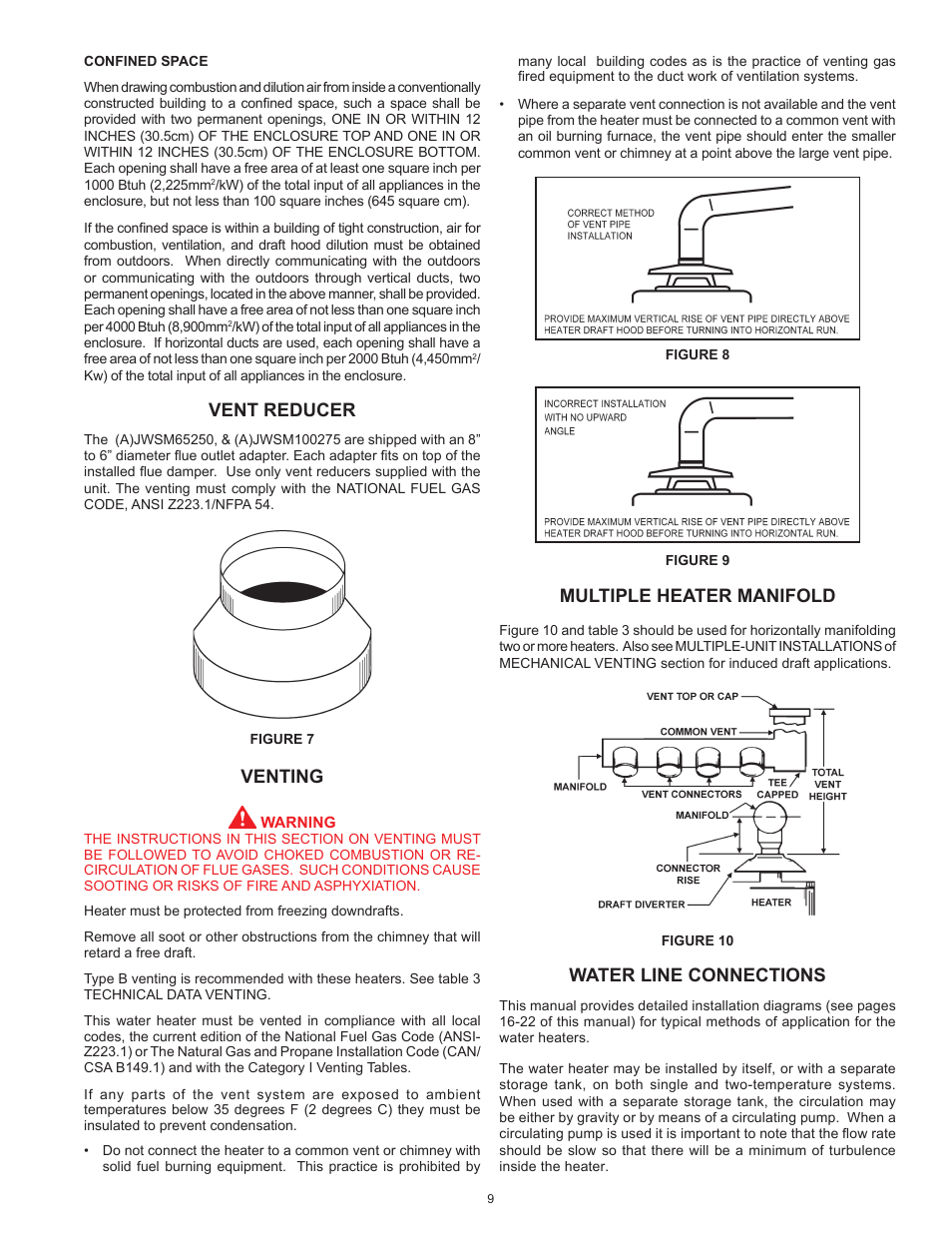 Vent reducer, Venting, Multiple heater manifold | Water line connections | John Wood Commercial Atmospheric Vent - AJWSM User Manual | Page 9 / 34