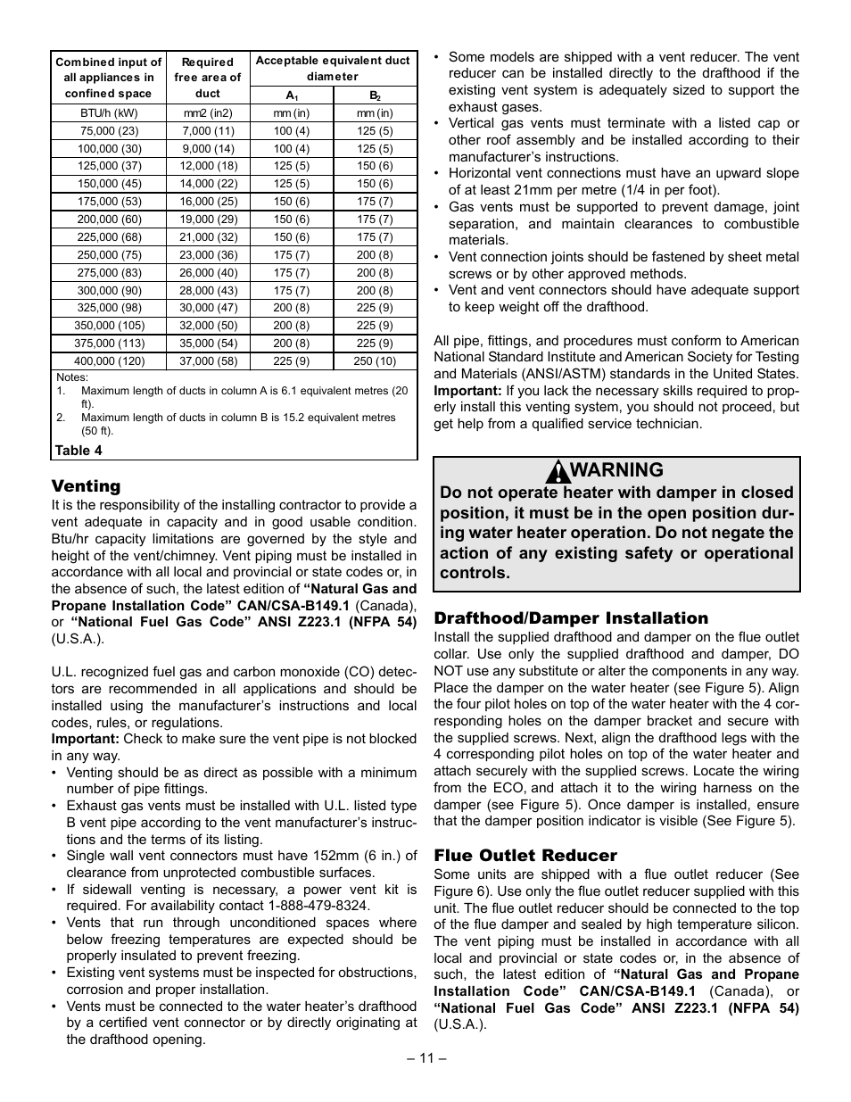 Warning, Venting, Drafthood/damper installation | Flue outlet reducer | John Wood Commercial - AJWSC User Manual | Page 11 / 29