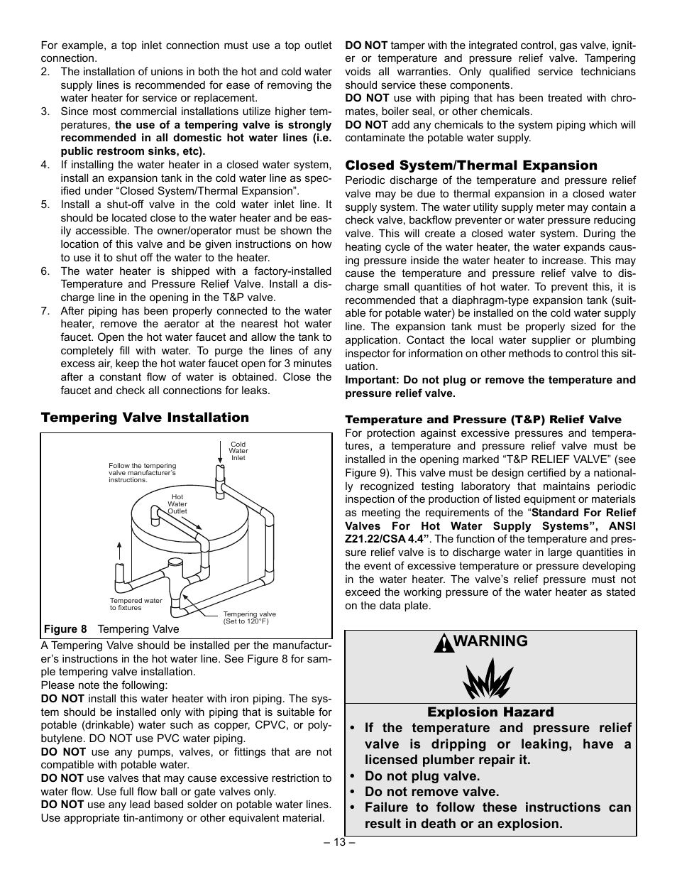 Warning, Tempering valve installation, Closed system/thermal expansion | John Wood Commercial - AJWSC User Manual | Page 13 / 29