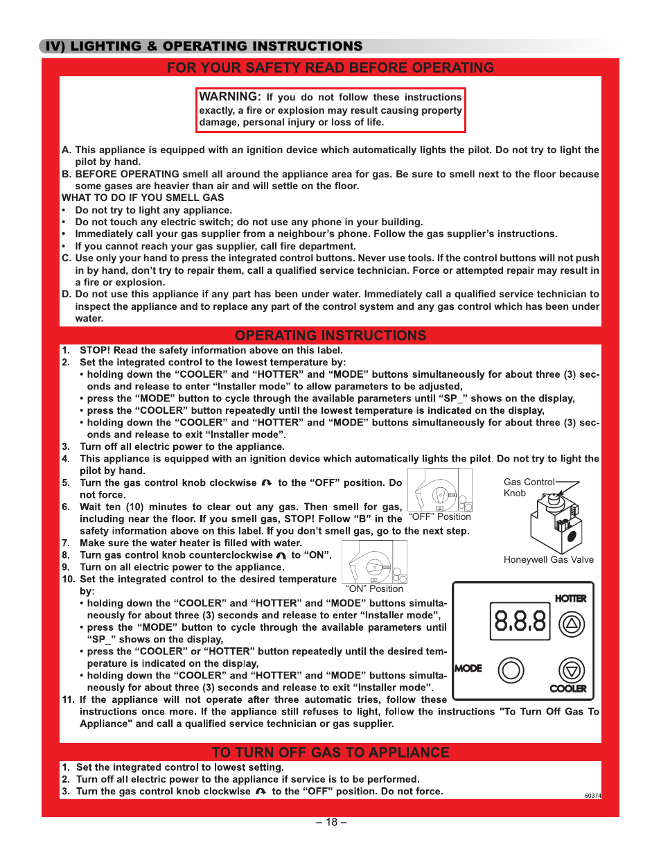 Iv) lighting & operating instructions | John Wood Commercial - AJWSC User Manual | Page 18 / 29