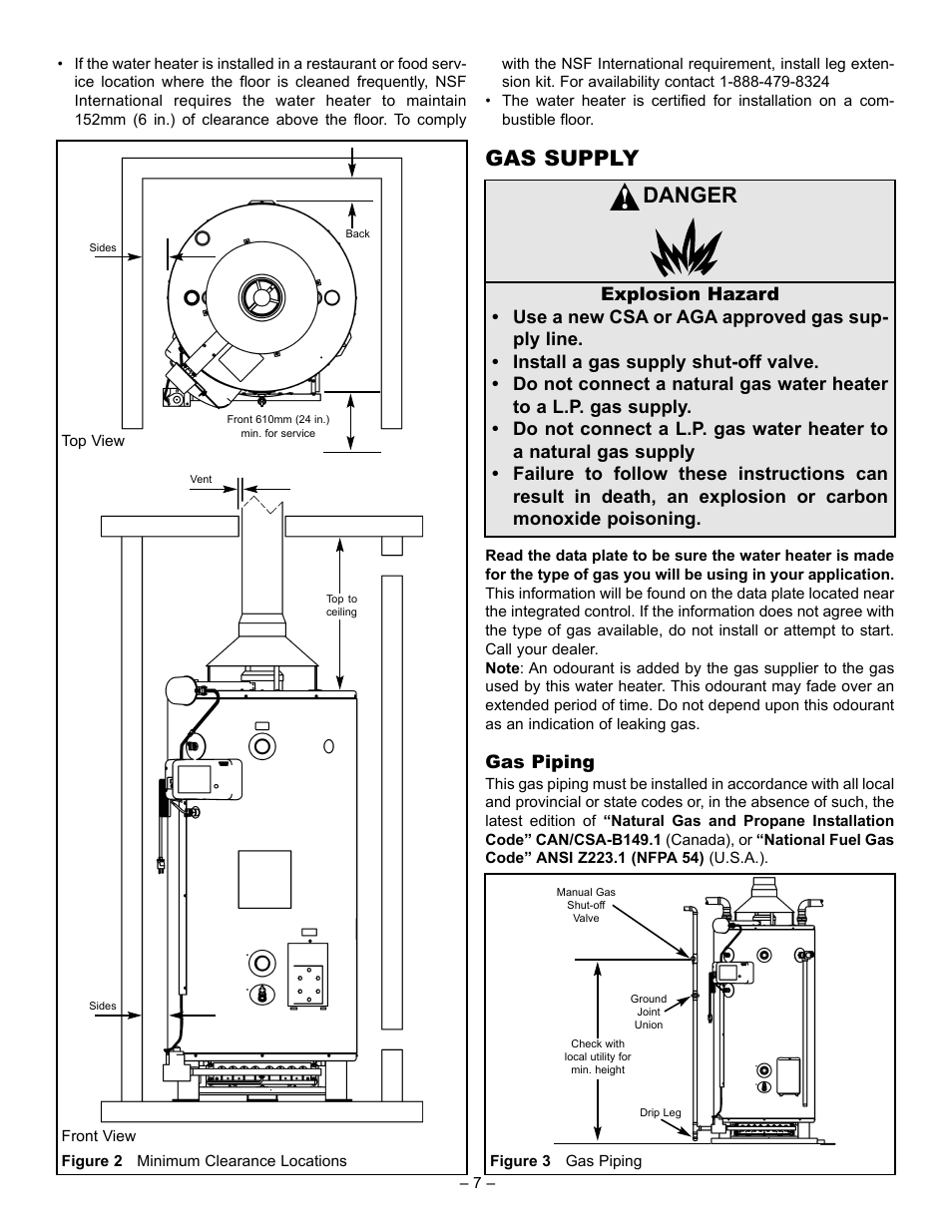 Gas supply, Danger, Gas piping | John Wood Commercial - AJWSC User Manual | Page 7 / 29