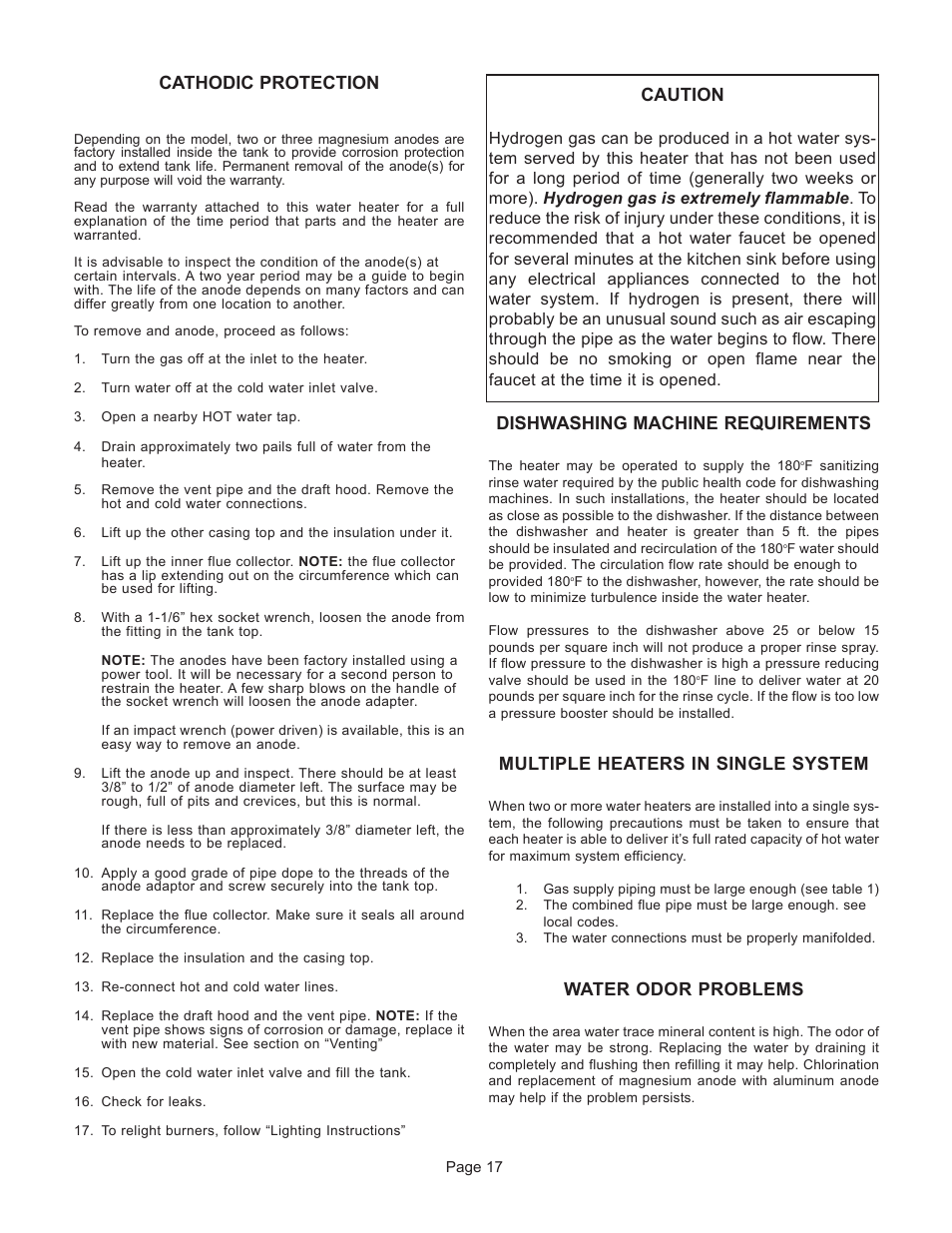 Cathodic protection, Dishwashing machine requirements, Multiple heaters in single system | Water odor problems, Caution | John Wood Commercial - ANED User Manual | Page 18 / 24