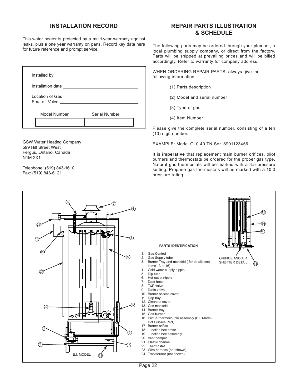 Installation record, Repair parts illustration & schedule | John Wood Commercial - ANED User Manual | Page 23 / 24