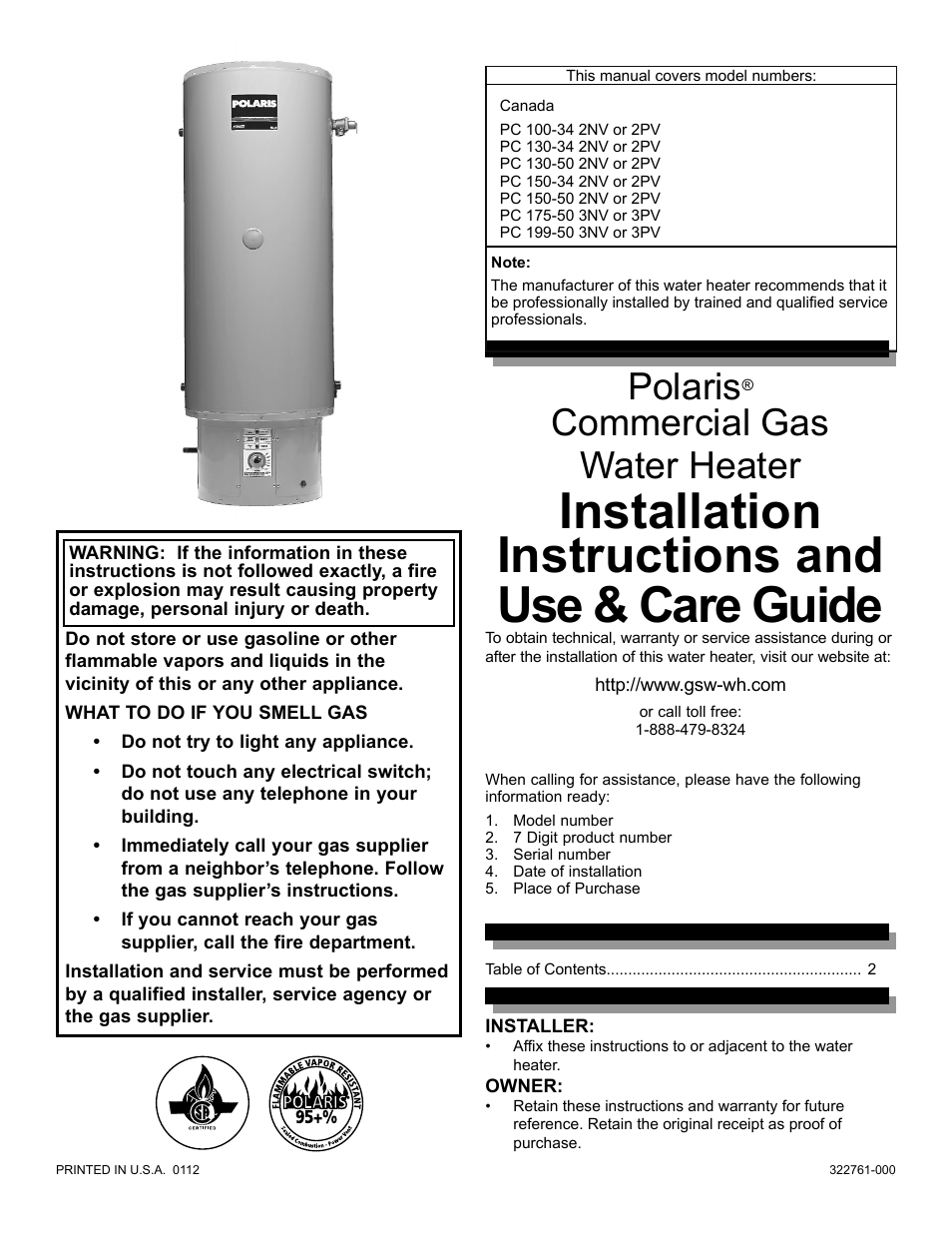 John Wood Polaris Commercial High-Efficiency User Manual | 32 pages