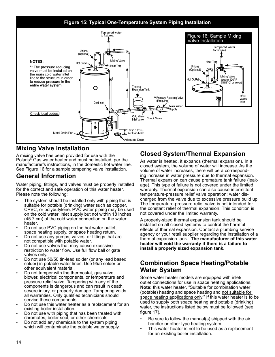 Mixing valve installation, General information, Closed system/thermal expansion | Combination space heating/potable water system | John Wood Polaris Commercial High-Efficiency User Manual | Page 14 / 32