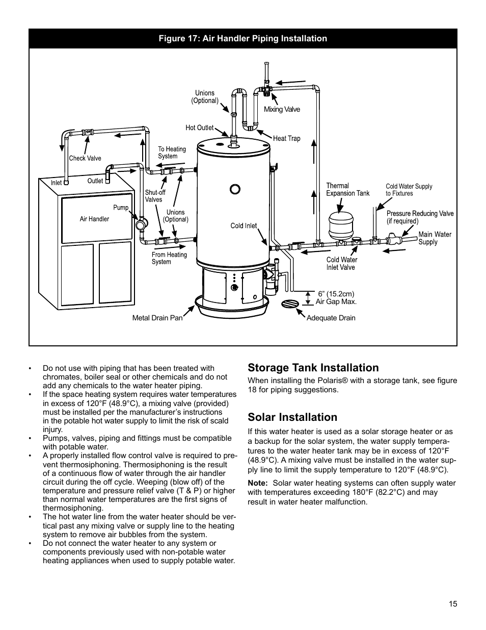 Storage tank installation, Solar installation | John Wood Polaris Commercial High-Efficiency User Manual | Page 15 / 32