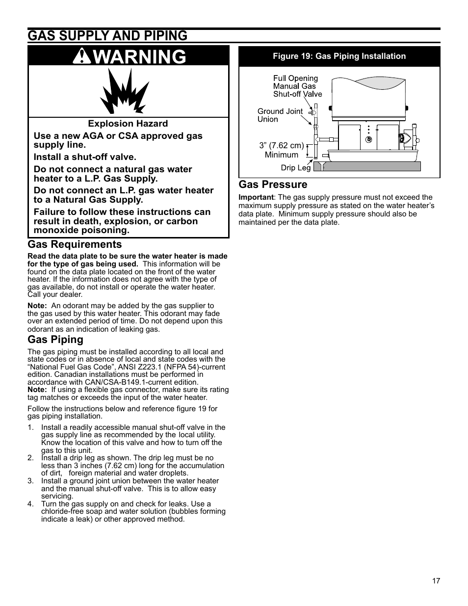 Gas supply and piping, Gas requirements, Gas piping | Gas pressure | John Wood Polaris Commercial High-Efficiency User Manual | Page 17 / 32