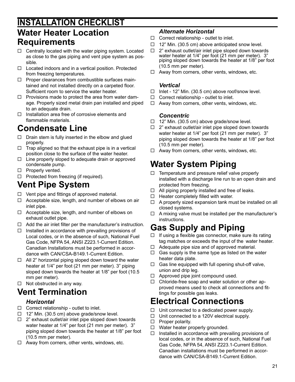 Condensate line, Vent pipe system, Vent termination | Water system piping, Gas supply and piping, Electrical connections | John Wood Polaris Commercial High-Efficiency User Manual | Page 21 / 32