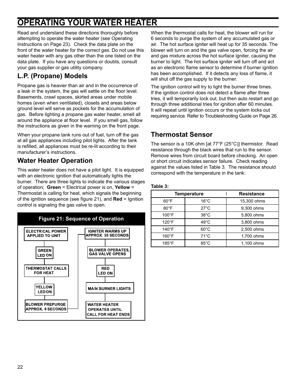 Operating your water heater, L.p. (propane) models, Water heater operation | Thermostat sensor | John Wood Polaris Commercial High-Efficiency User Manual | Page 22 / 32