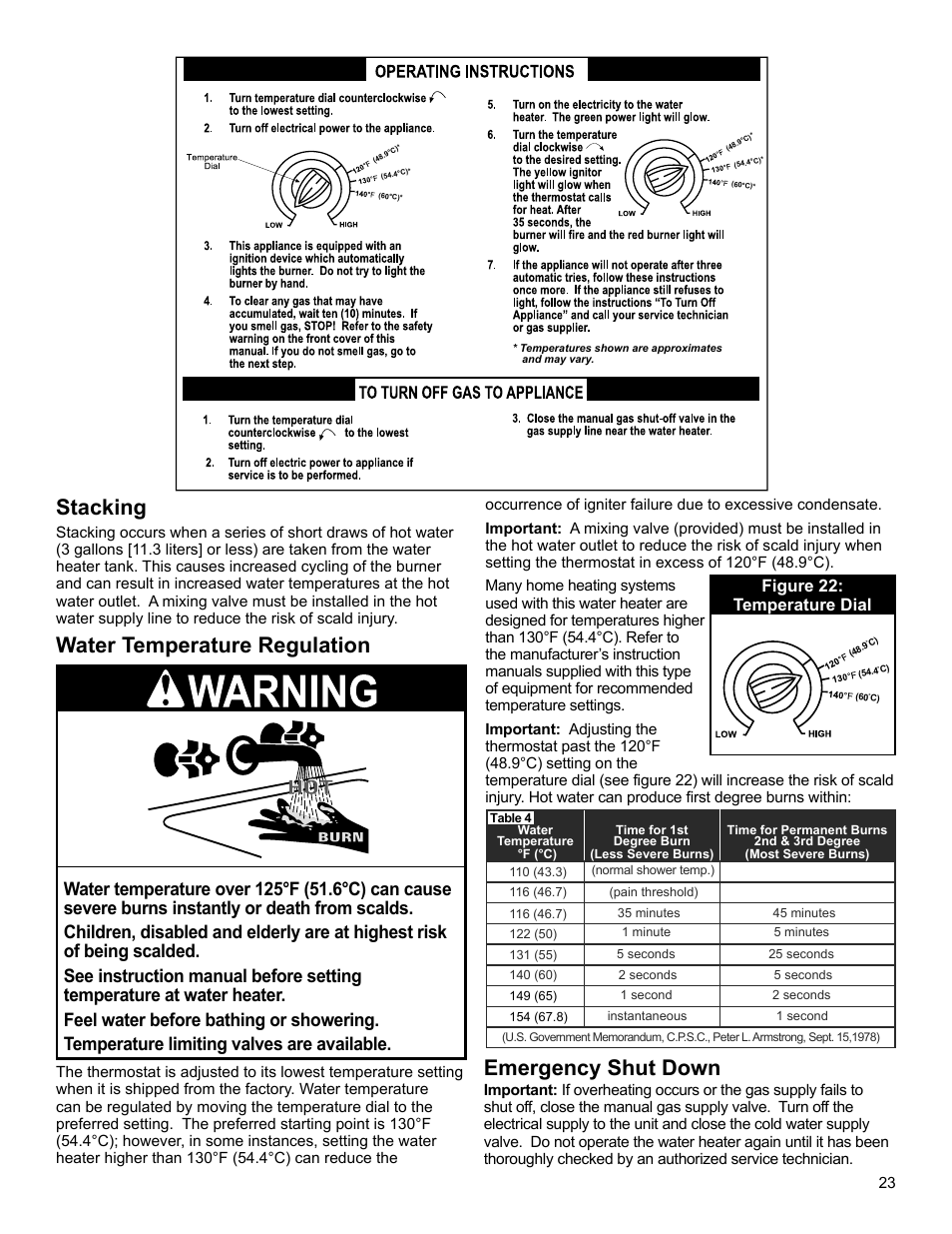 Stacking, Water temperature regulation, Emergency shut down | Figure 22: temperature dial | John Wood Polaris Commercial High-Efficiency User Manual | Page 23 / 32