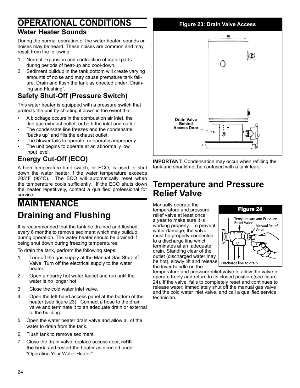 Operational conditions maintenance, Draining and flushing, Temperature and pressure relief valve | Water heater sounds, Safety shut-off (pressure switch), Energy cut-off (eco) | John Wood Polaris Commercial High-Efficiency User Manual | Page 24 / 32