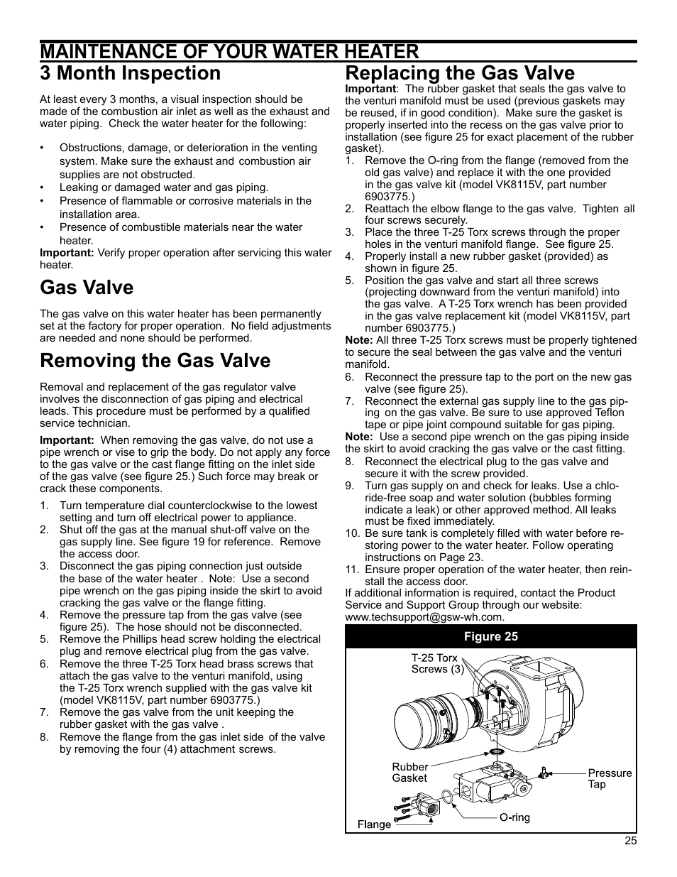 Gas valve, Removing the gas valve, Replacing the gas valve | John Wood Polaris Commercial High-Efficiency User Manual | Page 25 / 32