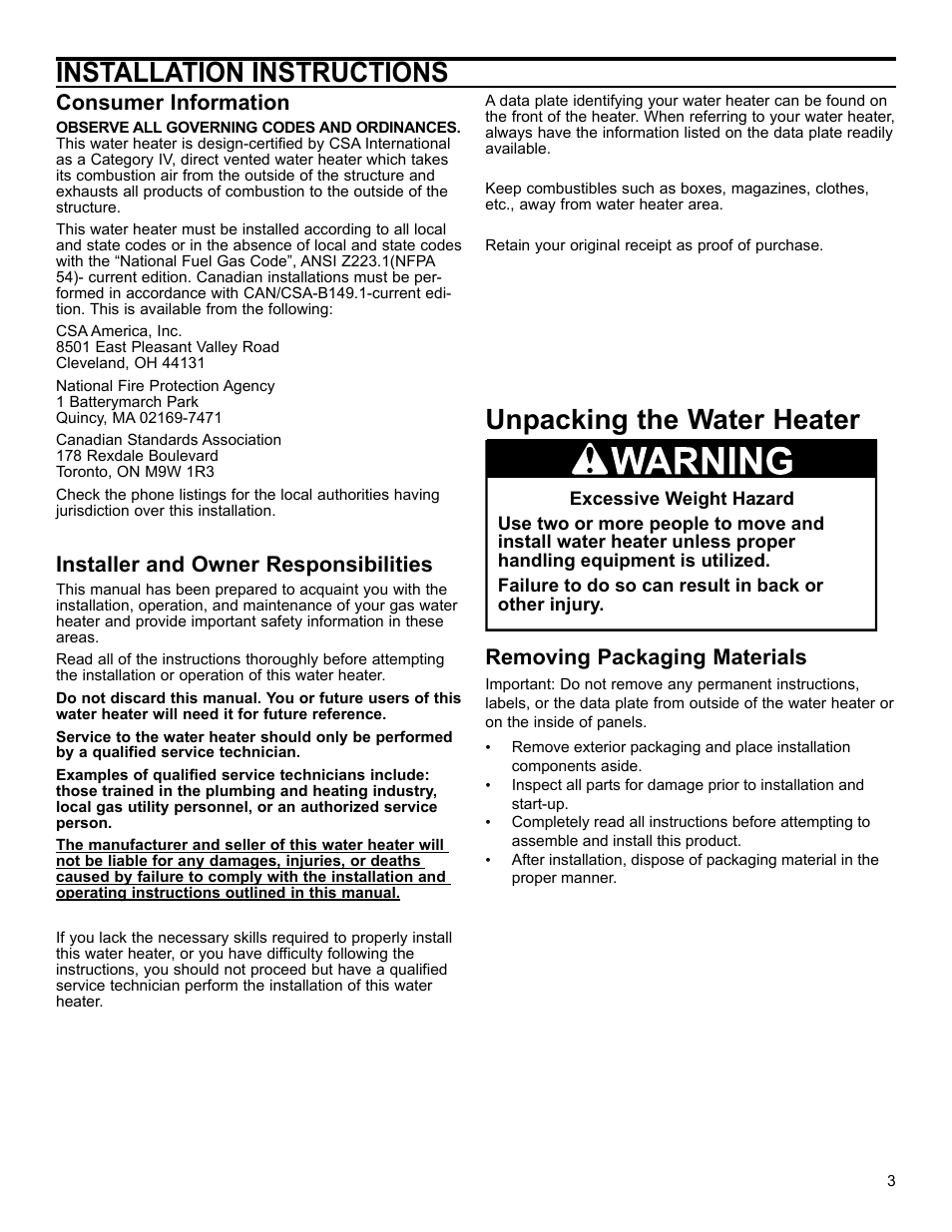 Installation instructions, Unpacking the water heater, Consumer information | Installer and owner responsibilities, Removing packaging materials | John Wood Polaris Commercial High-Efficiency User Manual | Page 3 / 32