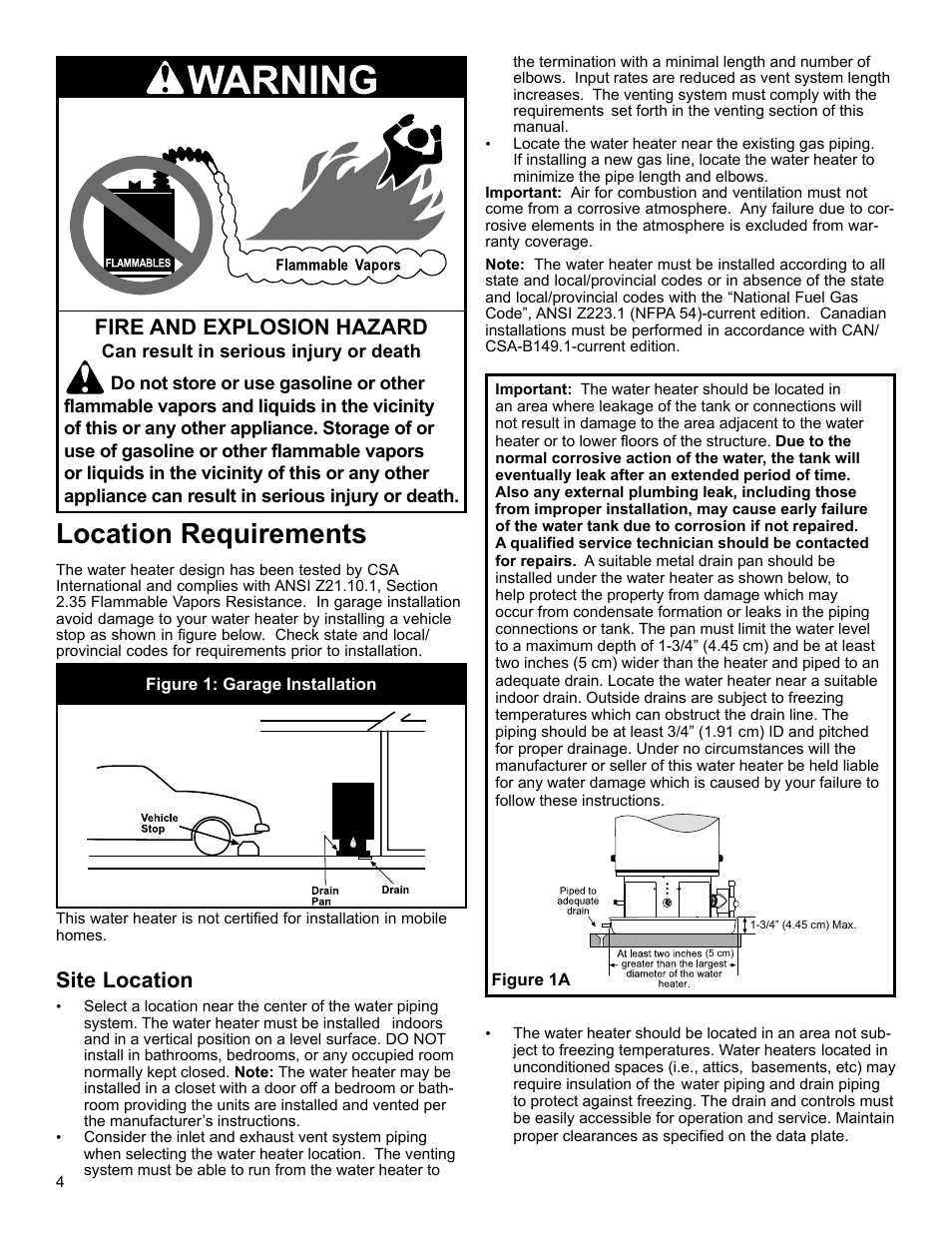 Location requirements, Fire and explosion hazard, Site location | John Wood Polaris Commercial High-Efficiency User Manual | Page 4 / 32