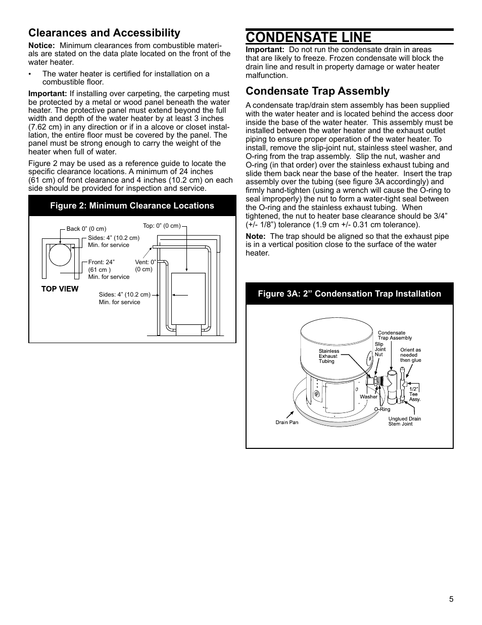 Condensate line, Condensate trap assembly, Clearances and accessibility | John Wood Polaris Commercial High-Efficiency User Manual | Page 5 / 32