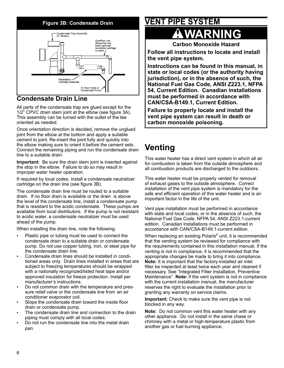 Vent pipe system, Venting, Condensate drain line | John Wood Polaris Commercial High-Efficiency User Manual | Page 6 / 32