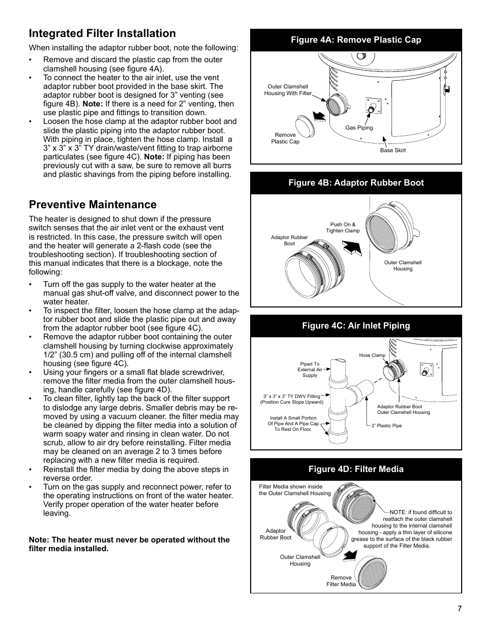 Integrated filter installation, Preventive maintenance, Figure 4b: adaptor rubber boot | Figure 4c: air inlet piping, Figure 4d: filter media, Figure 4a: remove plastic cap | John Wood Polaris Commercial High-Efficiency User Manual | Page 7 / 32