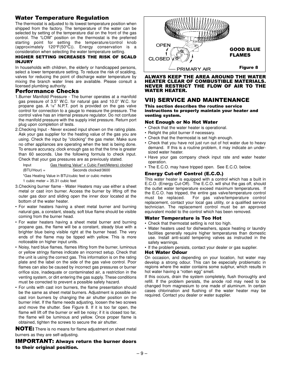 Water temperature regulation, Performance checks, Important | Vii) service and maintenance | John Wood Atmospheric Vent Light-Duty User Manual | Page 9 / 13