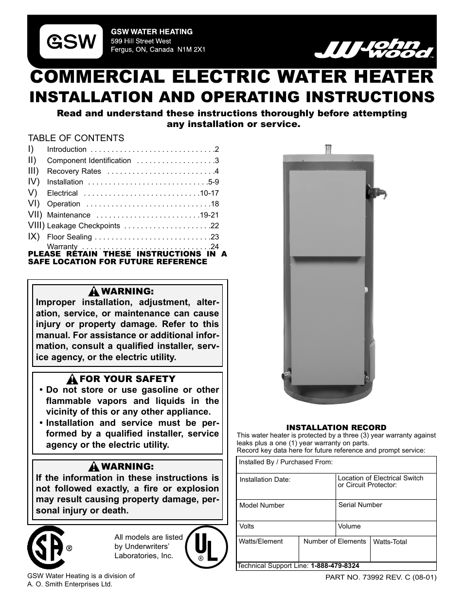 John Wood Commercial Electric Water Heater User Manual | 24 pages