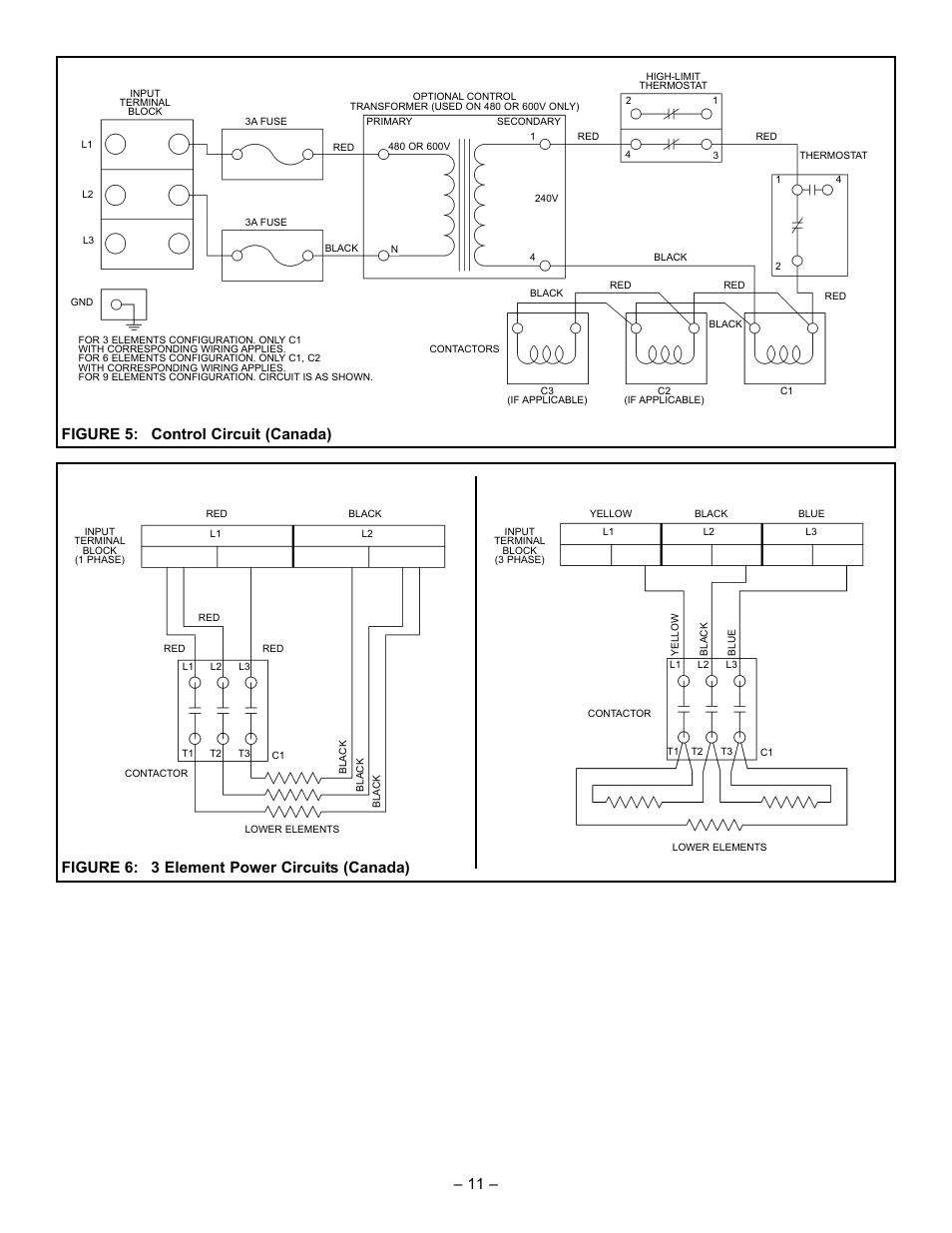 11 – figure 5: control circuit (canada), Figure 6: 3 element power circuits (canada) | John Wood Commercial Electric Water Heater User Manual | Page 11 / 24