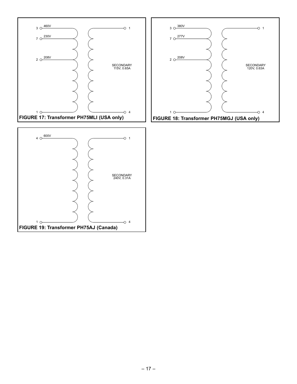 Figure 18: transformer ph75mgj (usa only), Figure 19: transformer ph75aj (canada) | John Wood Commercial Electric Water Heater User Manual | Page 17 / 24