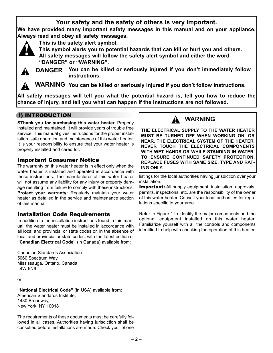 Danger warning, Warning | John Wood Commercial Electric Water Heater User Manual | Page 2 / 24