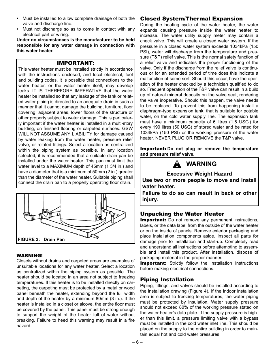 Warning | John Wood Commercial Electric Water Heater User Manual | Page 6 / 24