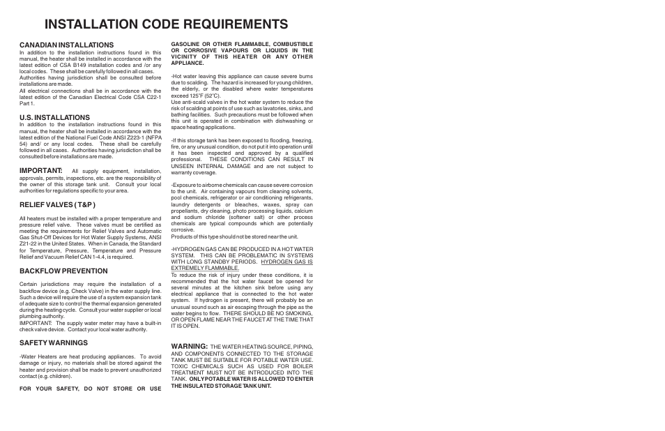 Installation code requirements, Canadian installations, U.s. installations | Important, Relief valves ( t&p ), Backflow prevention, Safety warnings, Warning | John Wood Commercial Storage Tanks 80G - 120G User Manual | Page 2 / 4