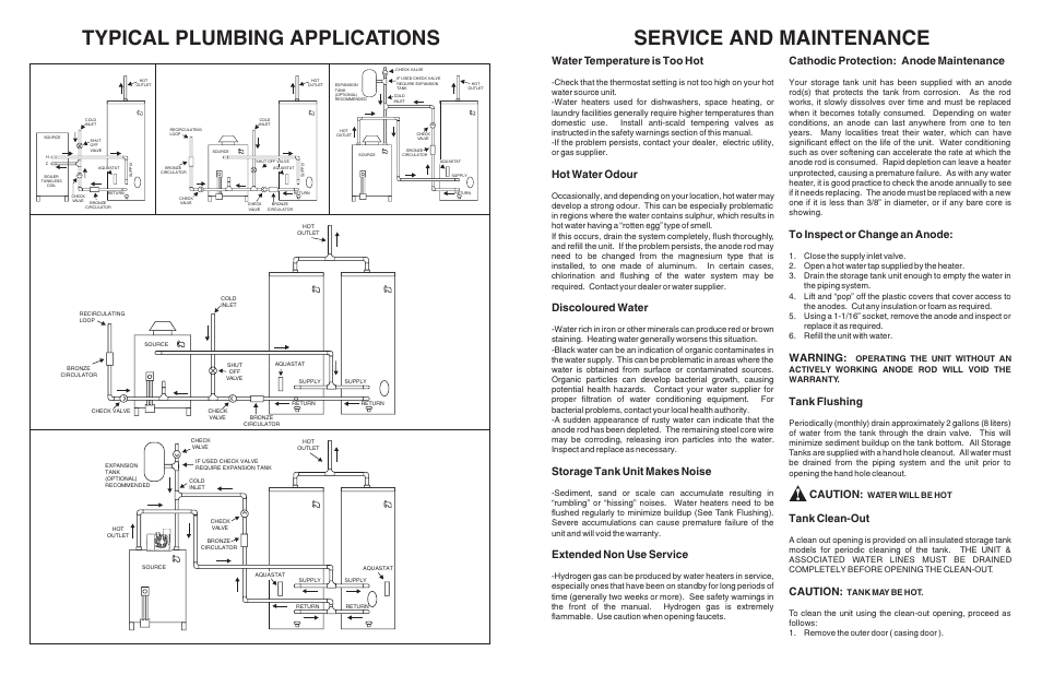 Typical plumbing applications, Service and maintenance, Water temperature is too hot | Hot water odour, Discoloured water, Storage tank unit makes noise, Extended non use service, Cathodic protection: anode maintenance, Warning, Tank flushing | John Wood Commercial Storage Tanks 80G - 120G User Manual | Page 4 / 4