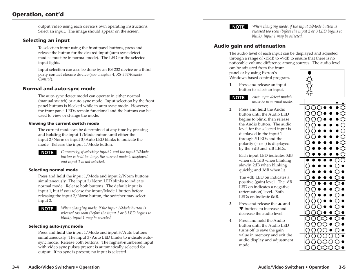 Operation, cont’d, Selecting an input, Normal and auto-sync mode | Audio gain and attenuation | Extron Electronics Audio-Video Switchers User Manual | Page 12 / 21