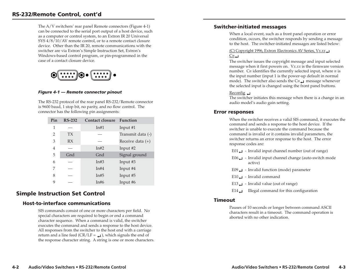 Rs-232/remote control, cont’d, Simple instruction set control | Extron Electronics Audio-Video Switchers User Manual | Page 15 / 21