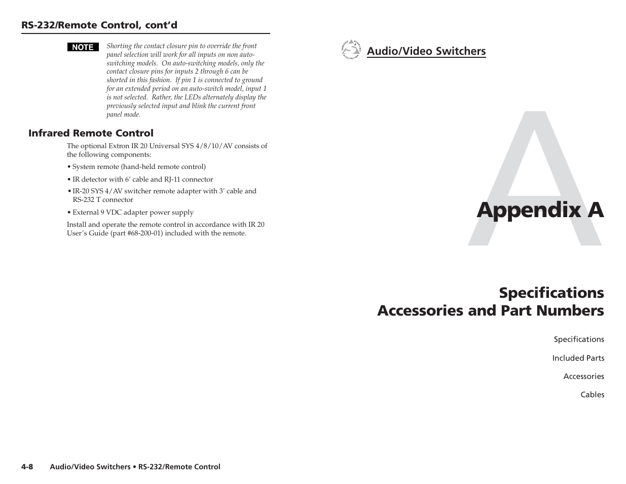 Appendix a | Extron Electronics Audio-Video Switchers User Manual | Page 18 / 21