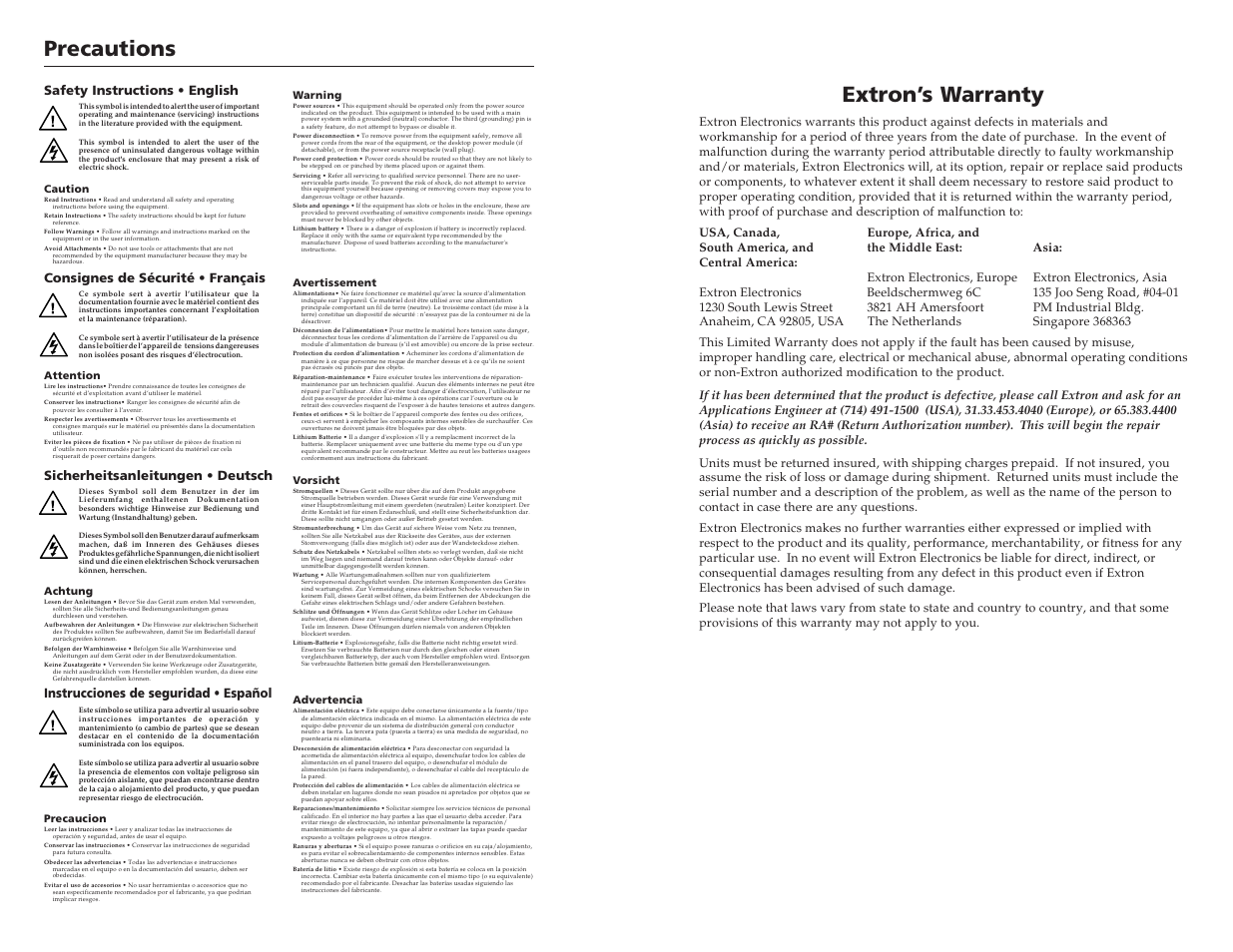 Precautions, Extron’s warranty, Instrucciones de seguridad • español | Extron Electronics Audio-Video Switchers User Manual | Page 2 / 21