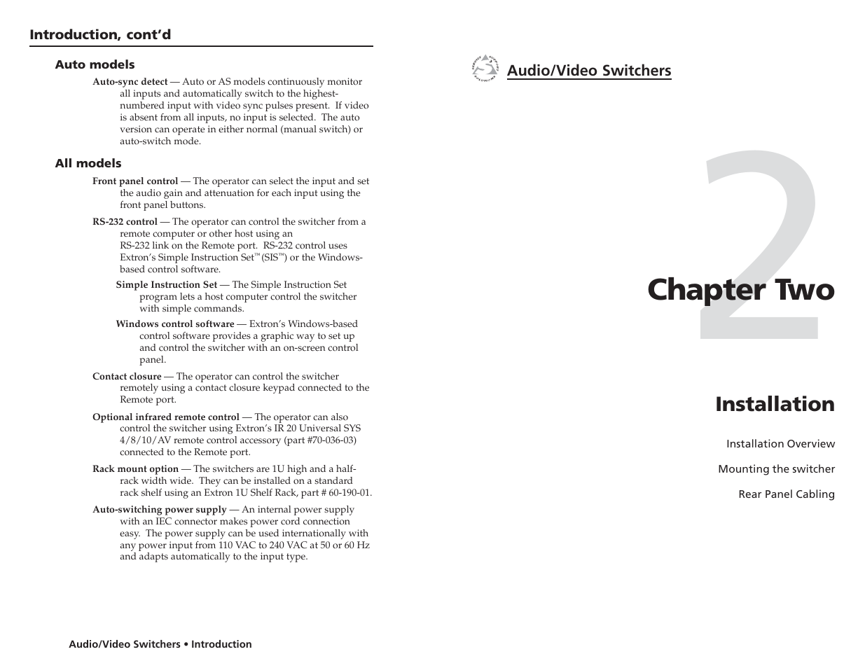 Chapter two, Installation | Extron Electronics Audio-Video Switchers User Manual | Page 6 / 21