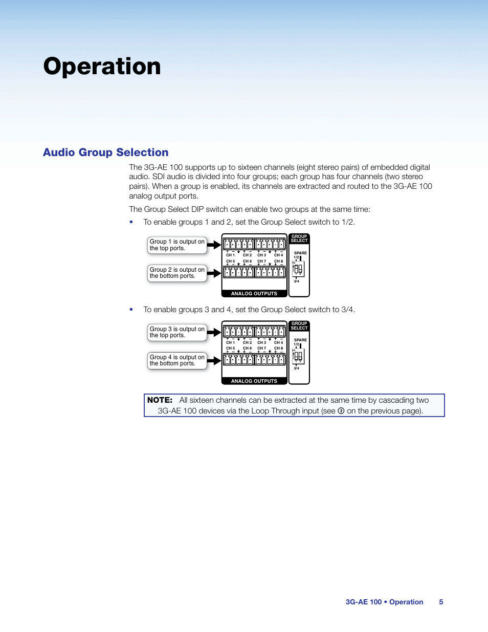 Operation, Audio group selection, On the previous page) | Group 3 is output on these ports, Group 4 is output on these ports, Group 1 is output on these ports, Group 2 is output on these ports | Extron Electronics 3G-AE 100 User Guide User Manual | Page 10 / 13