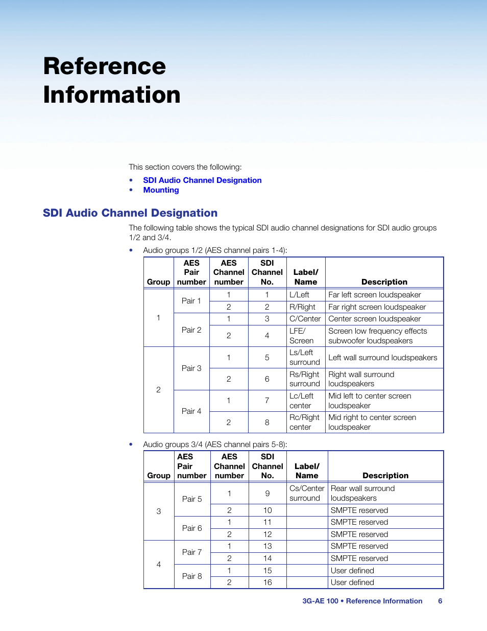 Reference information, Sdi audio channel designation | Extron Electronics 3G-AE 100 User Guide User Manual | Page 11 / 13