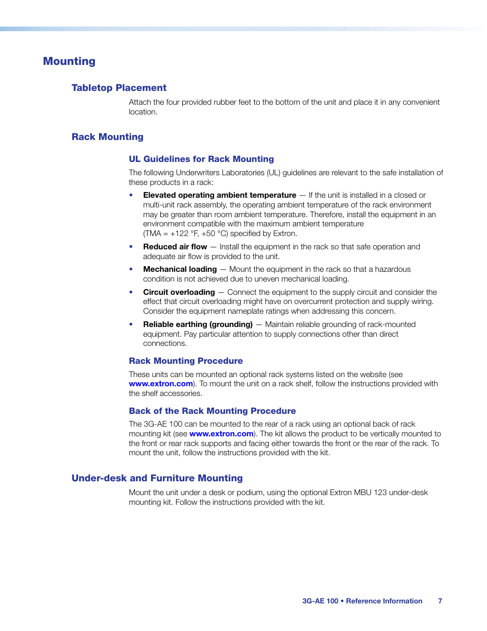 Mounting, Tabletop placement, Rack mounting | Under-desk and furniture mounting | Extron Electronics 3G-AE 100 User Guide User Manual | Page 12 / 13