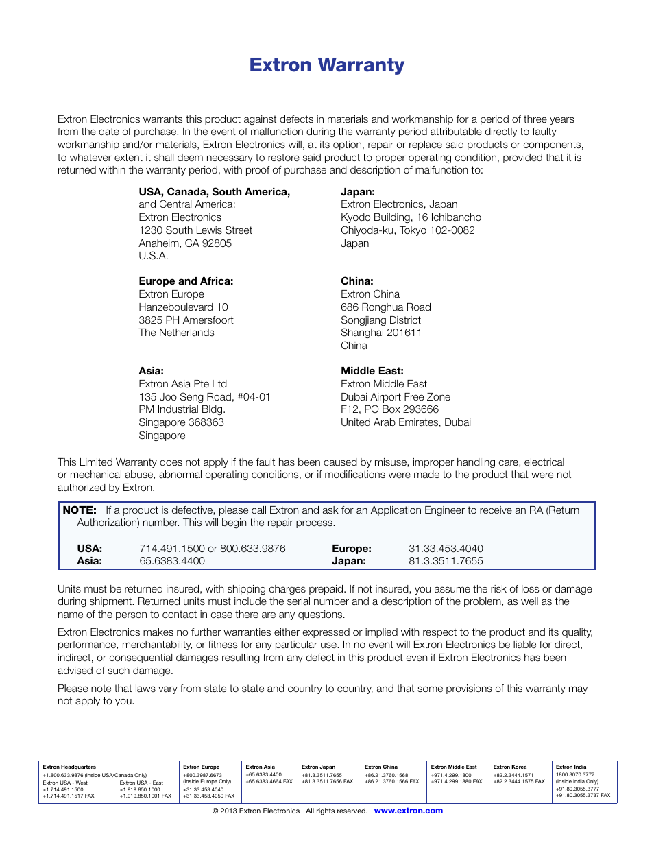 Extron warranty | Extron Electronics 3G-AE 100 User Guide User Manual | Page 13 / 13