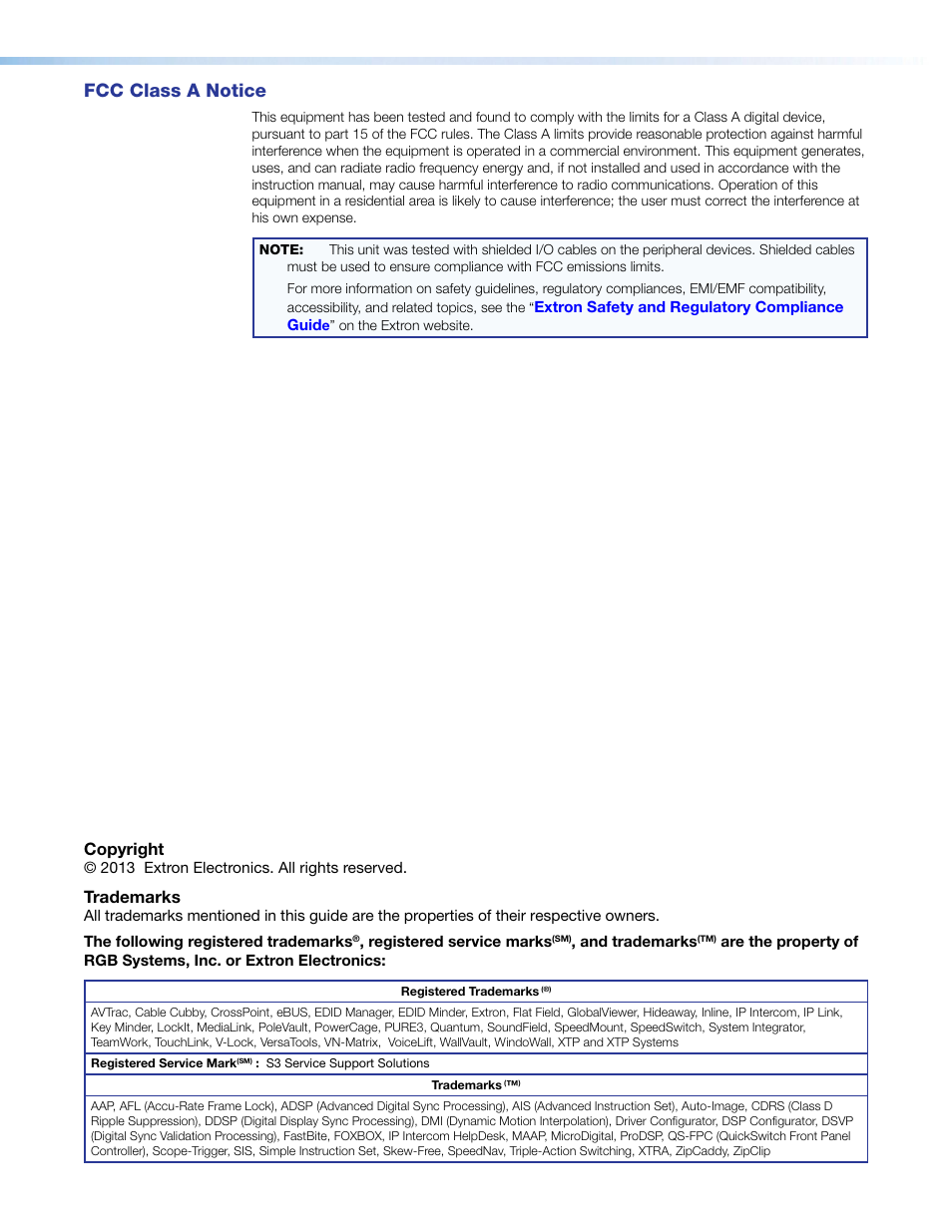 Fcc class a notice, Copyright, Trademarks | Extron Electronics 3G-AE 100 User Guide User Manual | Page 3 / 13