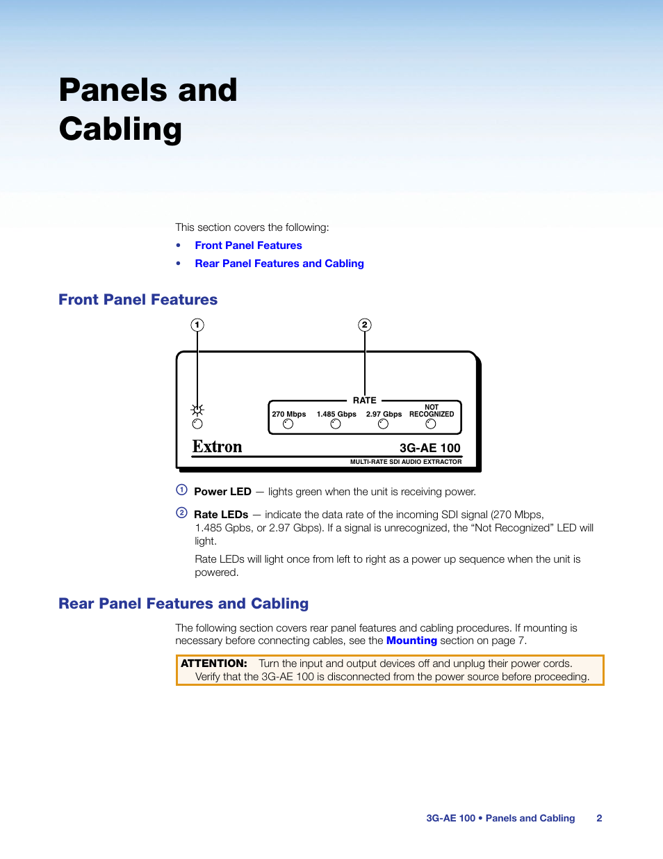 Panels and cabling, Front panel features, Rear panel features and cabling | Extron Electronics 3G-AE 100 User Guide User Manual | Page 7 / 13