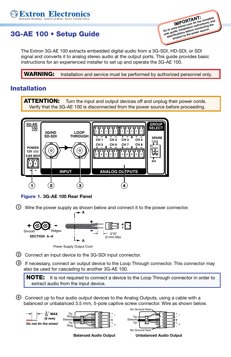 Extron Electronics 3G-AE 100 Setup Guide User Manual | 2 pages