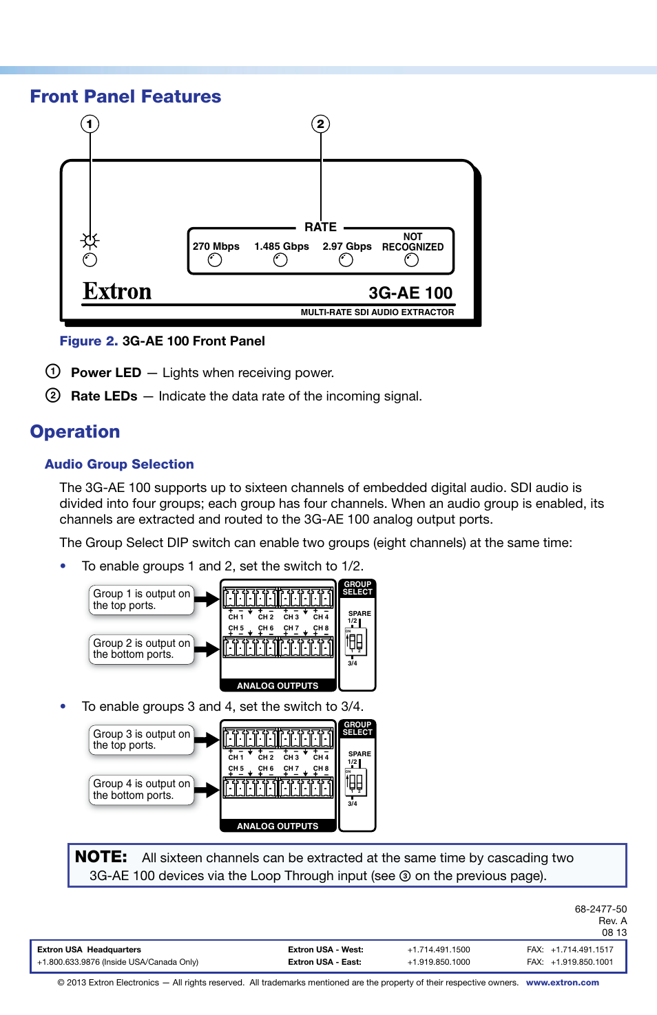 Front panel features, Operation, 3g-ae 100 | Power led — lights when receiving power, On the previous page), Rate, Group 3 is output on these ports, Group 4 is output on these ports, Group 1 is output on these ports, Group 2 is output on these ports | Extron Electronics 3G-AE 100 Setup Guide User Manual | Page 2 / 2