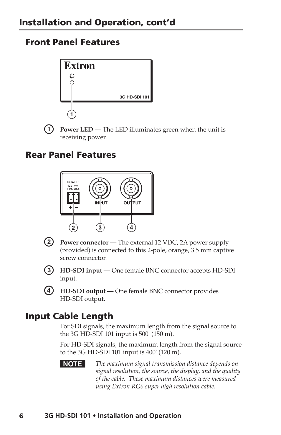 Front panel features, Rear panel features, Input cable length | Installation and operation, cont’d | Extron Electronics 3G HD-SDI 101 User Guide User Manual | Page 10 / 16