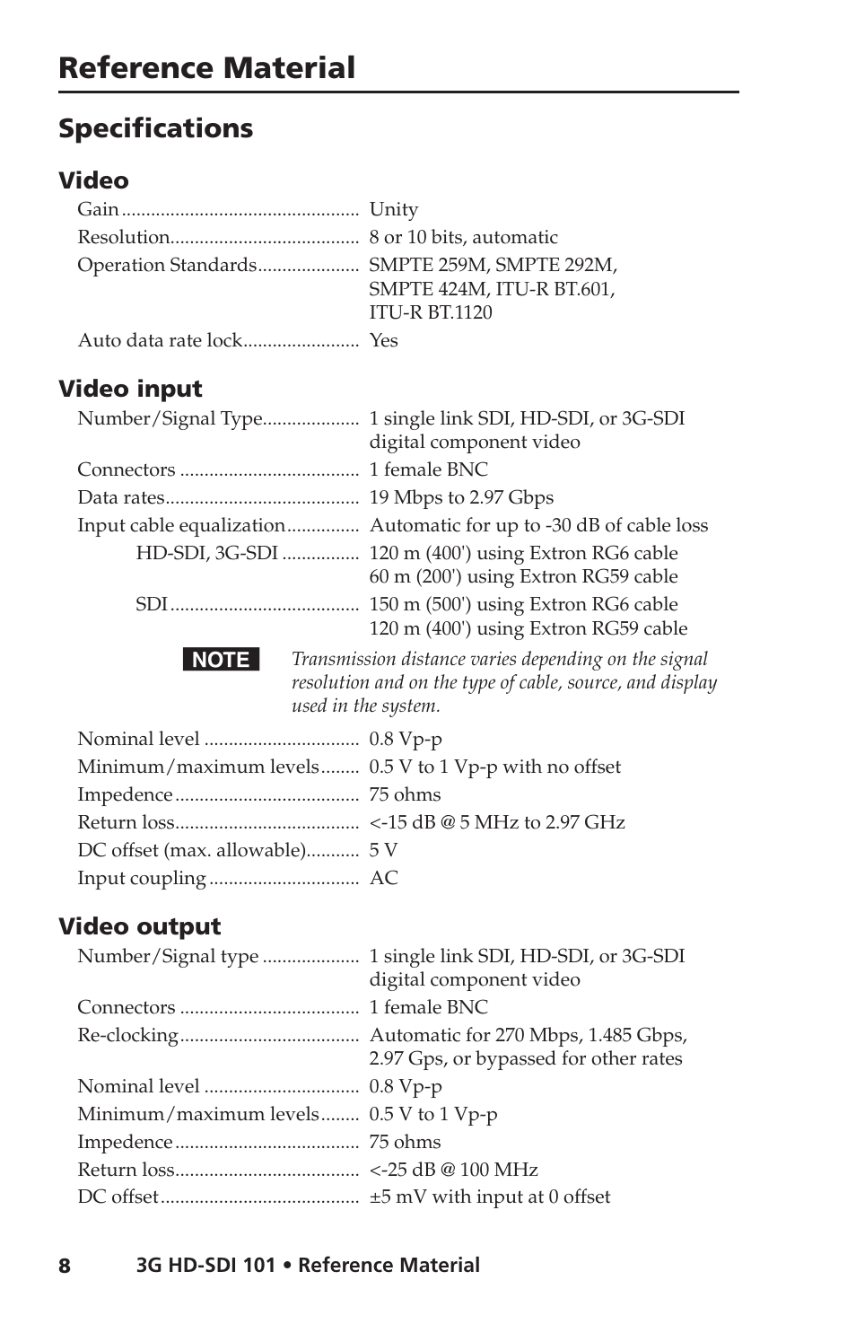 Specifications, Reference material, Video | Video input, Video output | Extron Electronics 3G HD-SDI 101 User Guide User Manual | Page 12 / 16