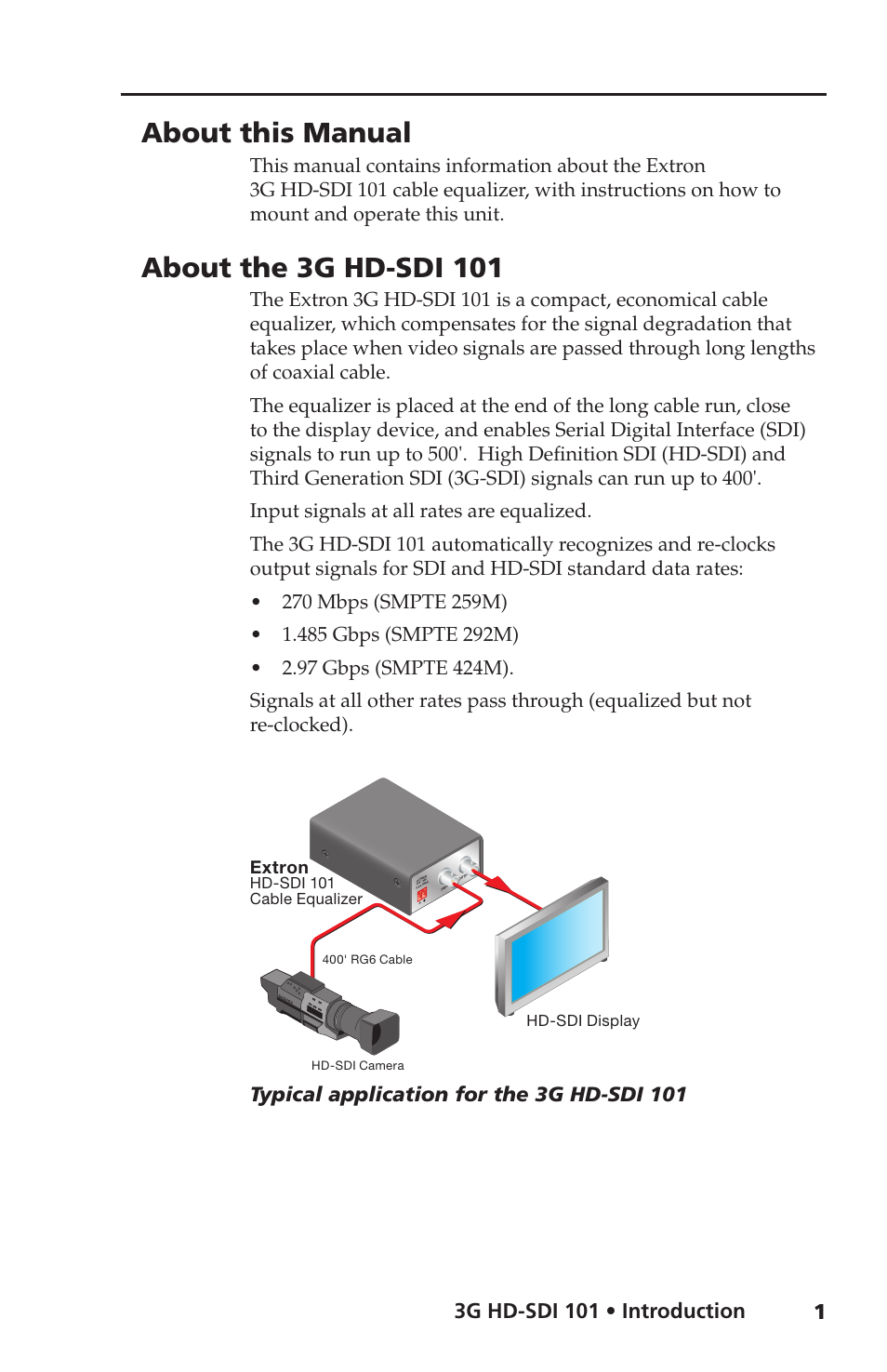 About this manual, About the 3g hd-sdi 101, 3g hd-sdi 101 • introduction | Typical application for the 3g hd-sdi 101 | Extron Electronics 3G HD-SDI 101 User Guide User Manual | Page 5 / 16